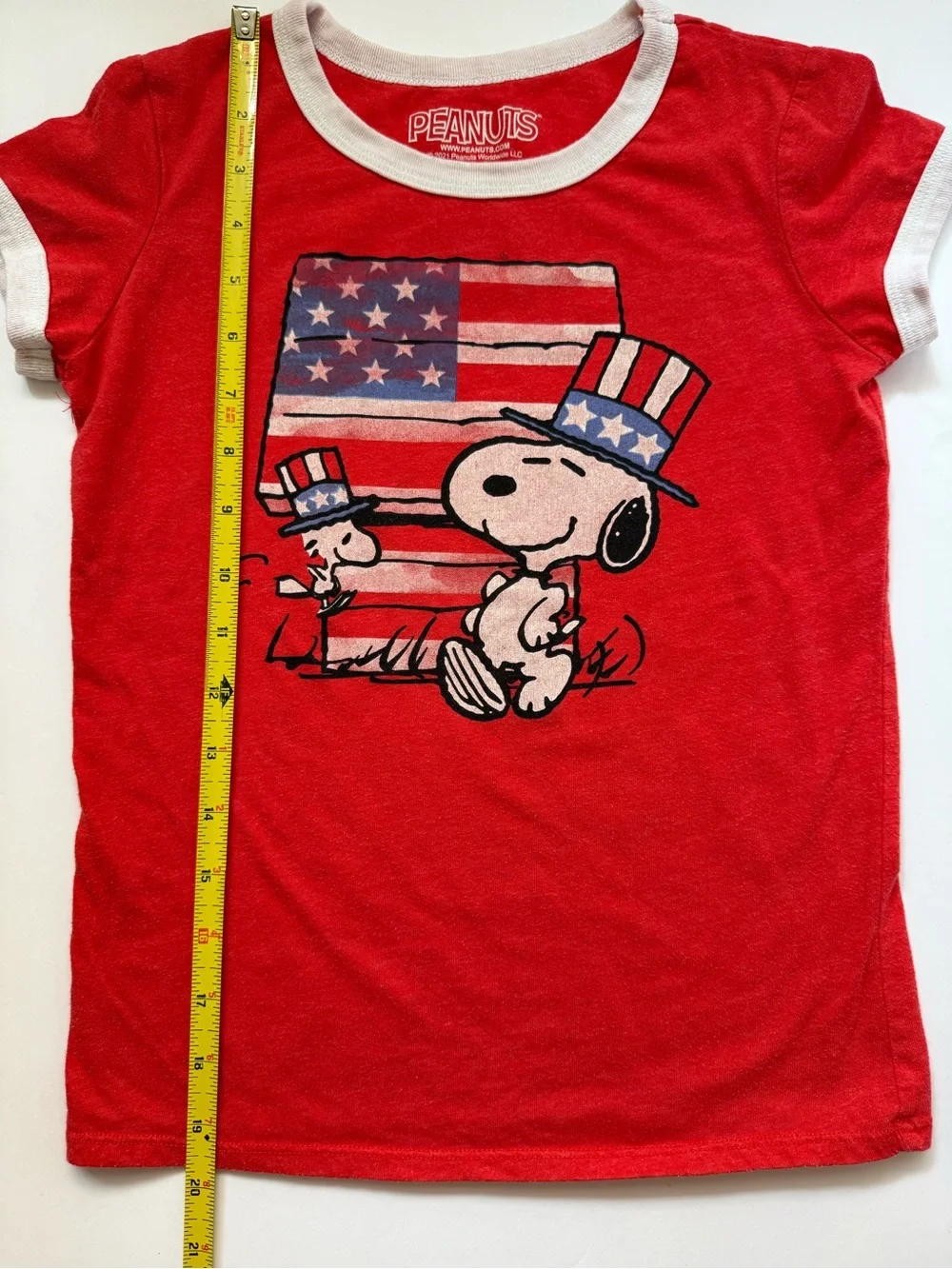 Peanuts Snoopy Woodstock USA Flag Patriotic Ringer Tee Kids Medium 7/8 Red
